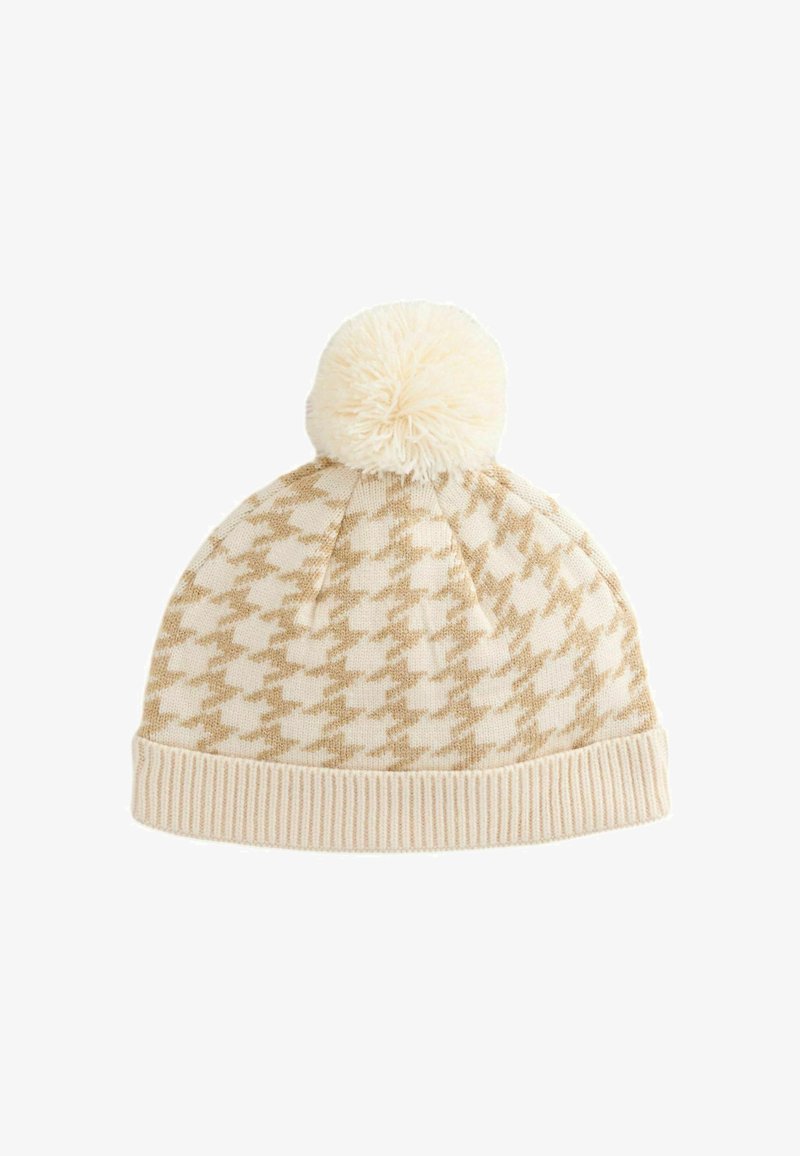Beanie lavorato a maglia beige con motivo a scacchi, un morbido pom-pom in cima e un polsino a coste. Realizzato in tessuto caldo e testurizzato.