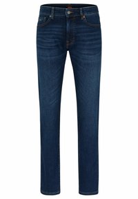 Dark blue denim jeans with a straight-leg design, featuring classic five-pocket styling and subtle stitching accents.