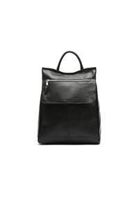 Mochila de cuero negro con una textura suave, un asa en la parte superior y un bolsillo con cremallera en la parte frontal. Presenta una forma estructurada y un diseño minimalista.