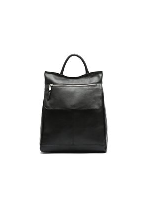 Schwarzer Leder-Rucksack mit glatter Textur, einem oberen Griff und einer vorderen Reißverschlusstasche. Hat eine strukturierte Form und ein minimalistisches Design.