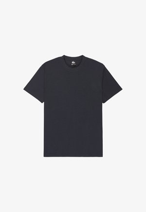 T-shirt noir uni à manches courtes et col rond avec un petit logo sur le côté gauche de la poitrine et une étiquette à l'intérieur du col.