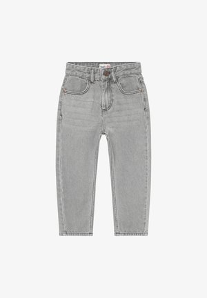 Grijze spijkerbroeken van denim met een rechte pijp, vijf zakken en een knoopsluiting. Voorzien van zichtbare stiksels en een licht vervaagde textuur.