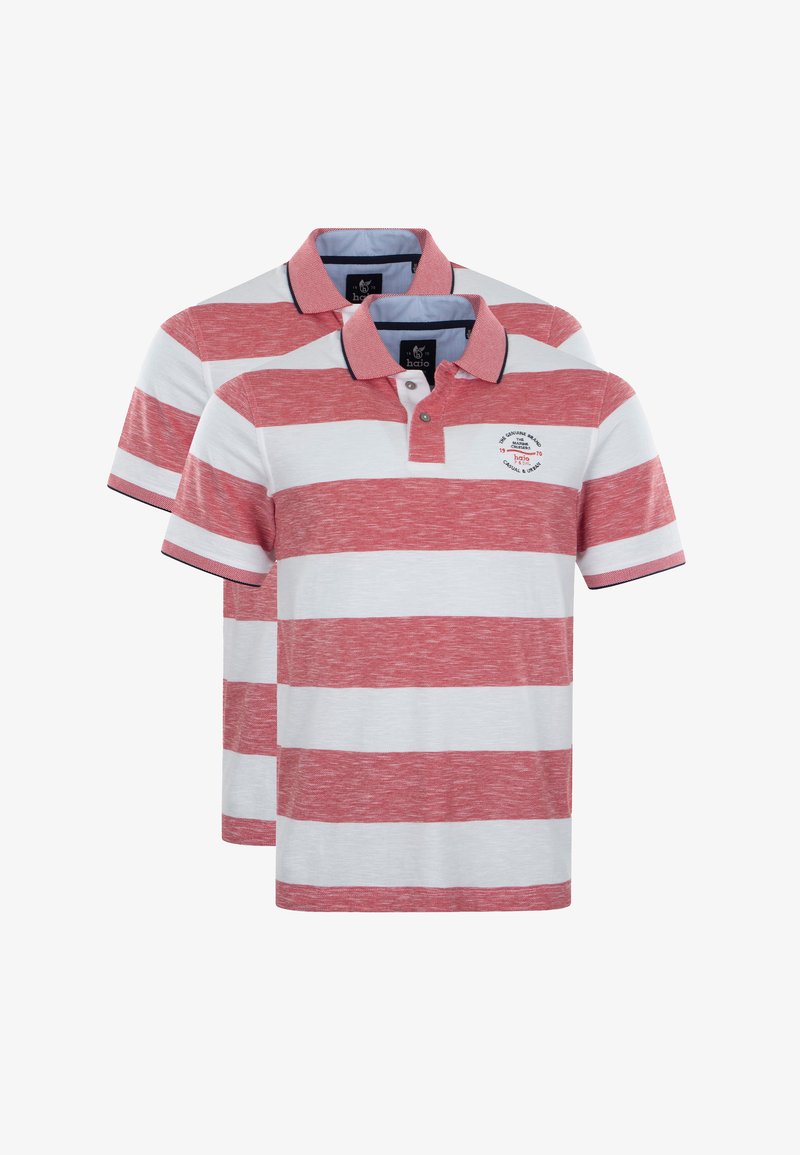 Polo-shirts à rayures rouges et blanches, à manches courtes, avec un col boutonné et un logo brodé sur la poitrine gauche. Tissu en mélange de coton.