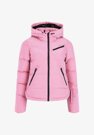 Lys pink polstret jakke med hætte, der har sorte lynlåslommer og kanter, glat tekstur og et cropped design med en tætsiddende pasform.