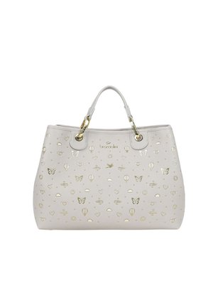Borsa tote in pelle bianca con disegni ritagliati di farfalla dorata, cuore, sole e palloncino, doppi manici e dettagli in metallo dorato.