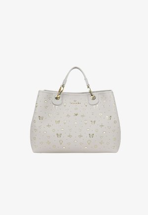 Borsa tote in pelle bianca con disegni ritagliati di farfalla dorata, cuore, sole e palloncino, doppi manici e dettagli in metallo dorato.