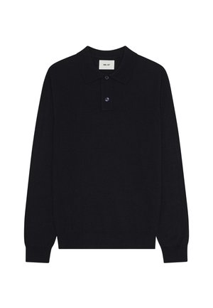 Polo a maniche lunghe in maglia nera con colletto e patta con due bottoni, polsini a coste e orlo dritto.