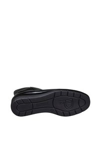 Suela de bota de cuero negro con caucho texturizado, presenta un patrón de banda de rodadura profundo y un logotipo. Acabado suave, diseño de perfil bajo para mayor estabilidad.