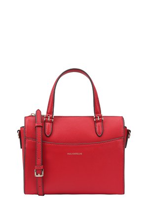 Rode leren handtas met dubbele handvatten, afneembare schouderband, een gladde textuur en subtiele stikdetails. Kenmerkt een logo aan de voorkant.