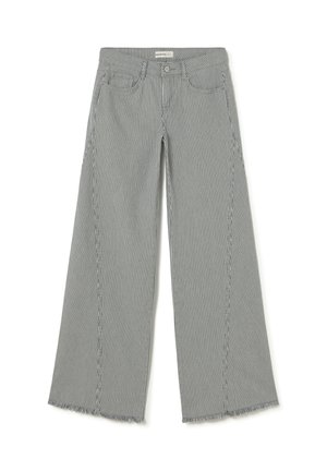 Jeans de pierna ancha con un dobladillo deshilachado, con un patrón de rayas verticales en azul y blanco. Fabricados en una tela ligera con un clásico diseño de cinco bolsillos.