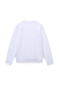 Λευκό φούτερ με μακριά μανίκια, στρογγυλή λαιμόκοψη και ριμπ μανσέτες. Λείο υφή και απλός σχεδιασμός, με μονόχρωμο χρώμα χωρίς σχέδια.