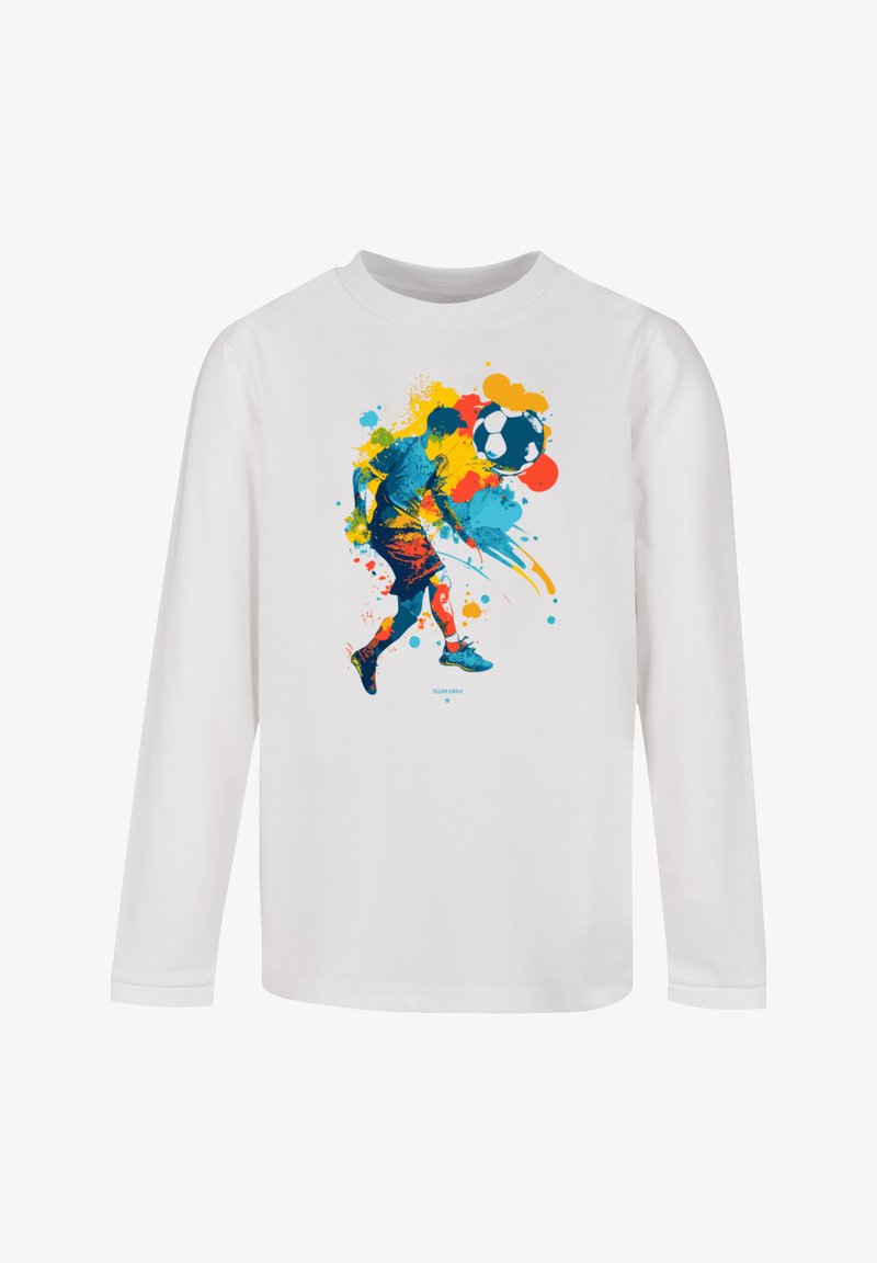 Long-sleeve white t-shirt featuring a colorful graphic of a soccer player with splashes of blue, yellow, and red paint around.