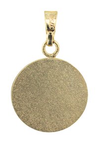 Goldanhänger mit einem kreisförmigen Design, das eine strukturierte matte Oberfläche und eine polierte Öse zur Befestigung aufweist. Gekennzeichnet mit 375.