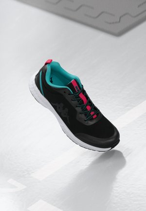Black athletic shoe with a textured upper, turquoise lining, pink accents, and white sole. Features laces and logo on the side.