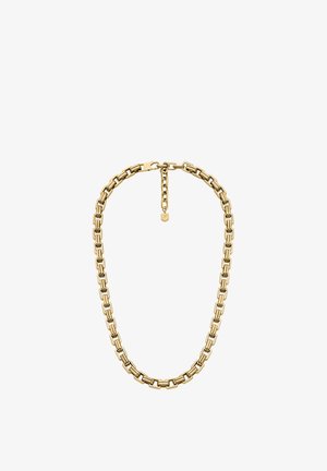 Collier chaîne en or composé de maillons rectangulaires et ovales, avec une fermeture à mousqueton et une chaîne de longueur réglable ornée d'un petit pendentif.