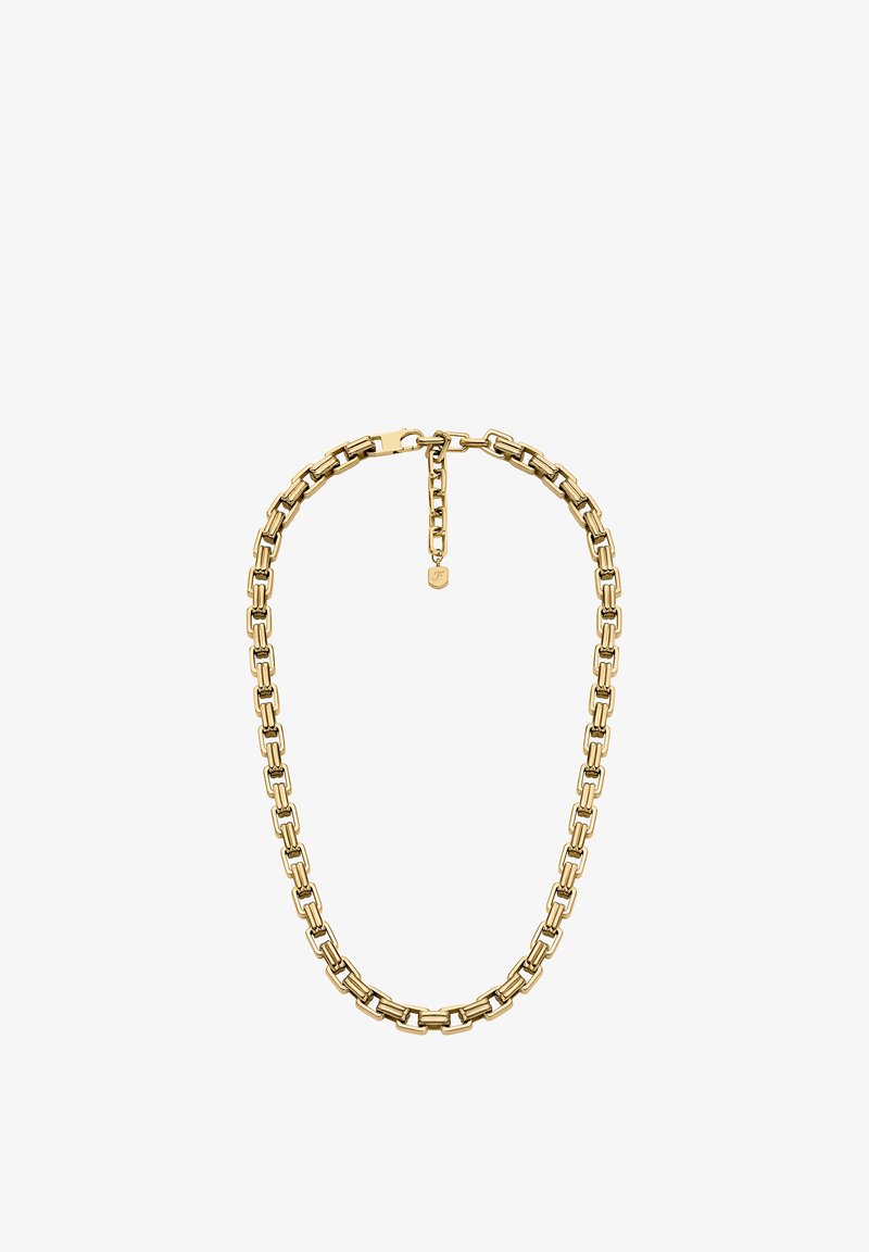 Collier chaîne en or composé de maillons rectangulaires et ovales, avec une fermeture à mousqueton et une chaîne de longueur réglable ornée d'un petit pendentif.