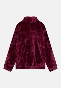 Pullover bordeaux realizzato in morbido tessuto peluche con un motivo testurizzato, dotato di colletto alto e maniche lunghe.
