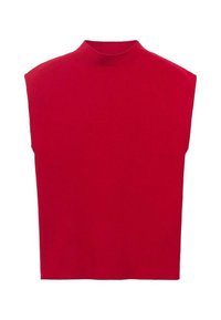 Haut rouge sans manches avec un col montant et une coupe décontractée. Confectionné dans un tissu lisse, présentant une couleur unie et des coutures minimales.