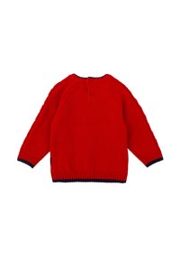 Suéter rojo de punto con cuello redondo, patrones de trenzado texturizados en las mangas y dobladillo y puños acanalados en azul marino. Cierre de dos botones en la parte trasera.