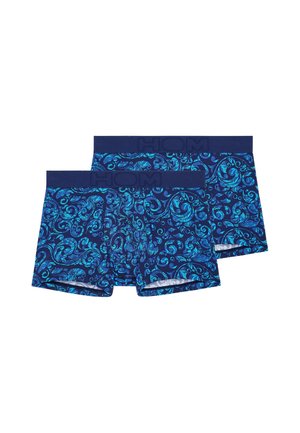 Two pairs of blue men's boxer briefs with dark blue waistbands and light blue swirling leaf patterns.