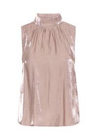 Top senza maniche in satin rosa chiaro con colletto alto, caratterizzato da morbidi plissettati alla scollatura e una superficie liscia e lucida.