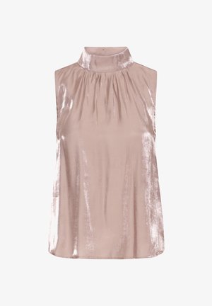 Kätsega top helesinisest satiinist kõrge kraega, millel on pehme volang kaeluses ja sile, läikiv pind.