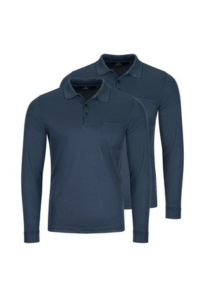 To marineblå poloshirts med lange ærmer, kraver og brystlommer, vist overlappende på en hvid baggrund.