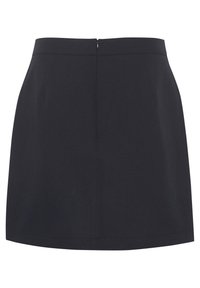 Mini-jupe noire à coupe droite, dotée d'une fermeture éclair invisible au dos et d'une texture lisse, sans motifs ni accents supplémentaires.