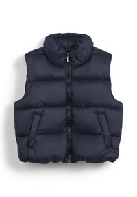 Marineblauer Steppweste mit hohem Kragen, durchgehendem Reißverschluss, zwei seitlichen Taschen und gestepptem Design für Wärme und Isolation.