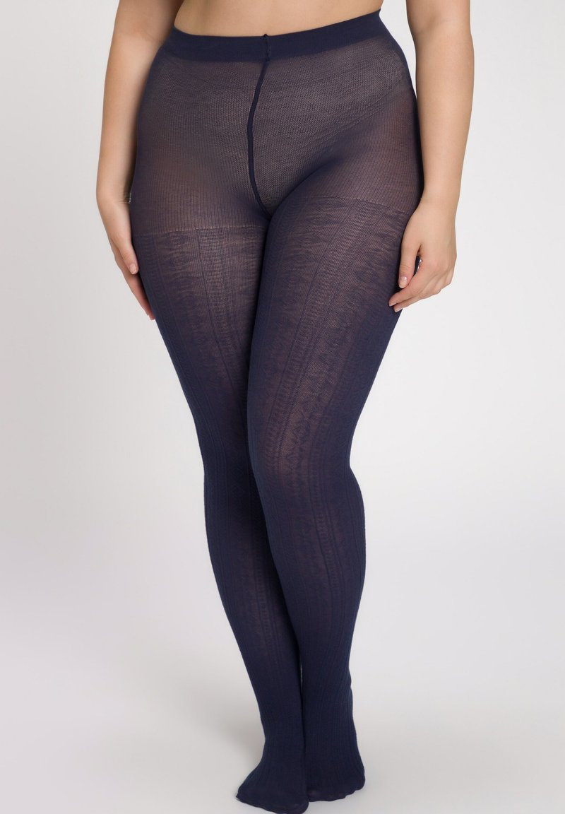 Collant blu navy semi-trasparenti con un motivo a diamante testurizzato. Presentano una vita ampia ed elastica e una zona delle dita rinforzata.