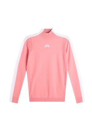 Roze trui met lange mouwen, hoge geribbelde kraag, geribbelde boorden en een klein wit geometrisch logo op de borst.