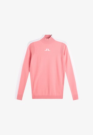 Rosa Langarm-Pullover mit geripptem hohem Kragen, gerippten Bündchen und einem kleinen weißen geometrischen Logo auf der Brust.