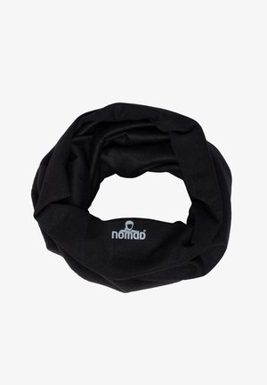 Black tubular scarf made of soft fabric, featuring a twisted design. Logo "nomad" printed in light gray near the bottom. Smooth texture.