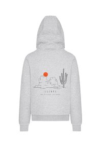 Gray sweatshirt with a hood. Features a graphic of desert mountains, a sun, and a cactus in black and orange on the back. Smooth texture.