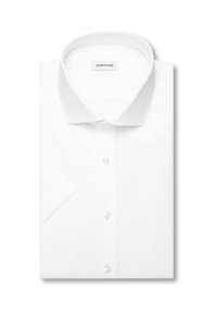 Chemise blanche pliée avec un col classique et des boutons visibles, étiquetée "seidensticker" à l'intérieur du col.