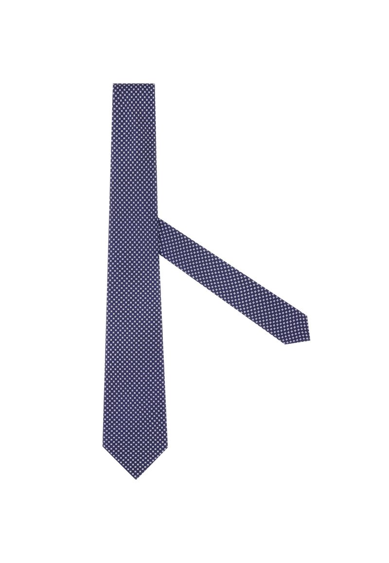 Jūrų laivyno kaklaraištis su geometriniu baltų taškų raštu. Lieknas dizainas su smailiu galiuku ir standartiniu ilgiu, pagamintas iš audinio.