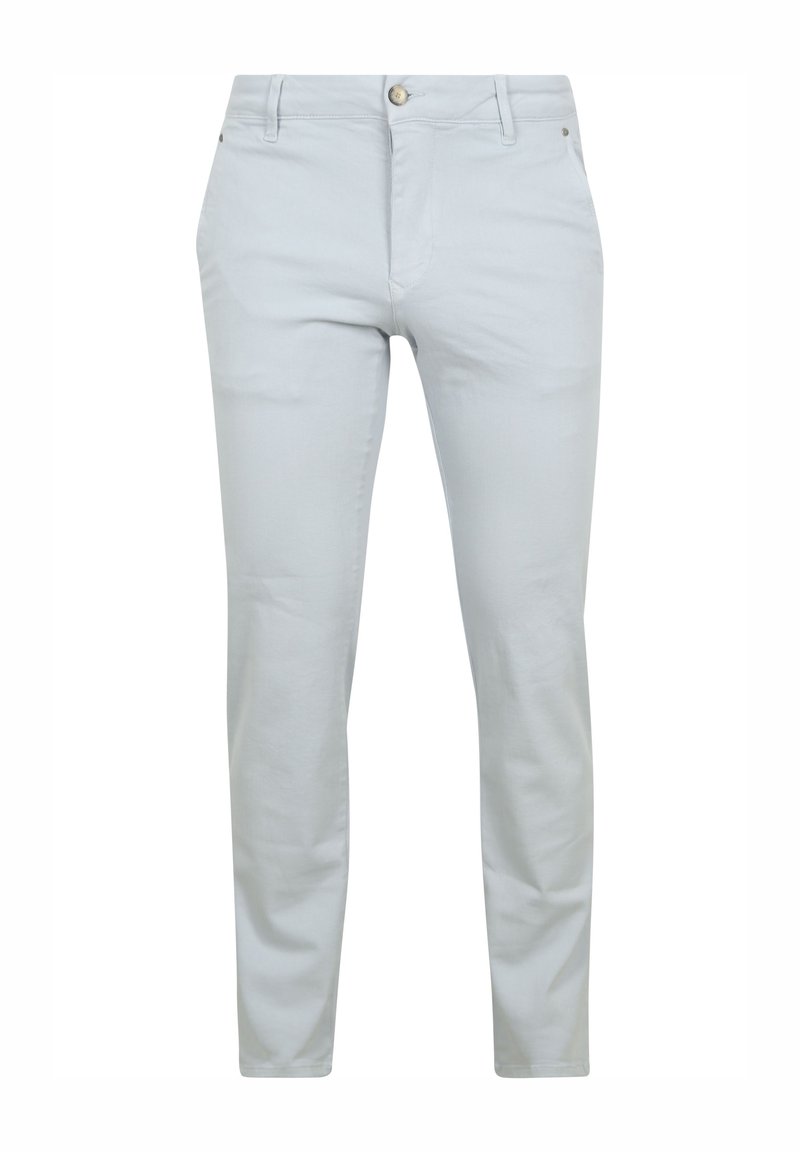 Lichtblauwe slim-fit broek gemaakt van een katoenen blend, met een sluiting aan de voorkant met een knoop en zijzakken met een gladde textuur.