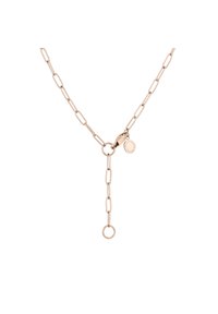 Eine goldfarbene Metallkettenschnur mit verlängerten Gliedern, einem zentralen Verbindungselement und einem Anhänger mit einem kleinen runden Charm.