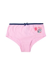 Slip in cotone rosa con rifiniture in pizzo blu navy e un fiocco. Presenta un design giocoso con una stampa di cartoni animati che riporta la parola "Sorridi" e un'impronta di zampa.