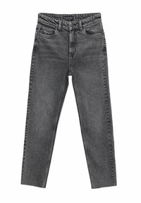 Jeans negros de cintura alta en un lavado desvanecido, con cinco bolsillos, pasadores para cinturón y cremallera. Diseñados con piernas rectas y costuras cosidas.