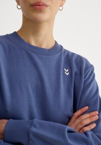 Felpa in cotone blu con collo e polsini a costine. Presenta un piccolo logo a forma di chevron ricamato in bianco sul lato sinistro del petto.