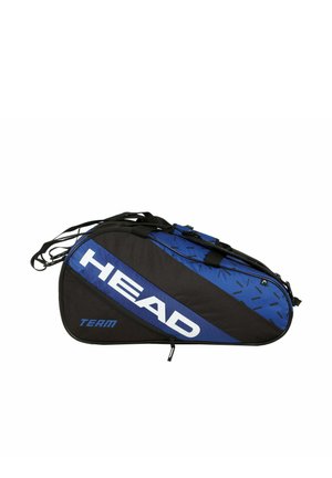 Sac de sport noir et bleu de la marque HEAD avec le texte "TEAM", bretelles de transport et fermeture éclair, conçu pour le rangement des raquettes.