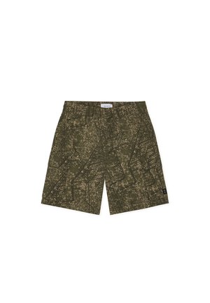 Green and brown abstract patterned knee-length shorts with side pockets and a small black logo patch on the left leg.