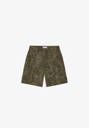 Green and brown abstract patterned knee-length shorts with side pockets and a small black logo patch on the left leg.