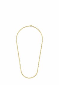 Collana in catena color oro con anelli intrecciati, caratterizzata da una superficie liscia e da una chiusura a moschettone sicura.