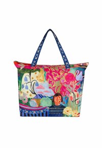 Borsa a tracolla in tessuto colorato con motivi floreali e fantasiosi, chiusura a zip, manici blu con dettagli floreali bianchi e un design spazioso.