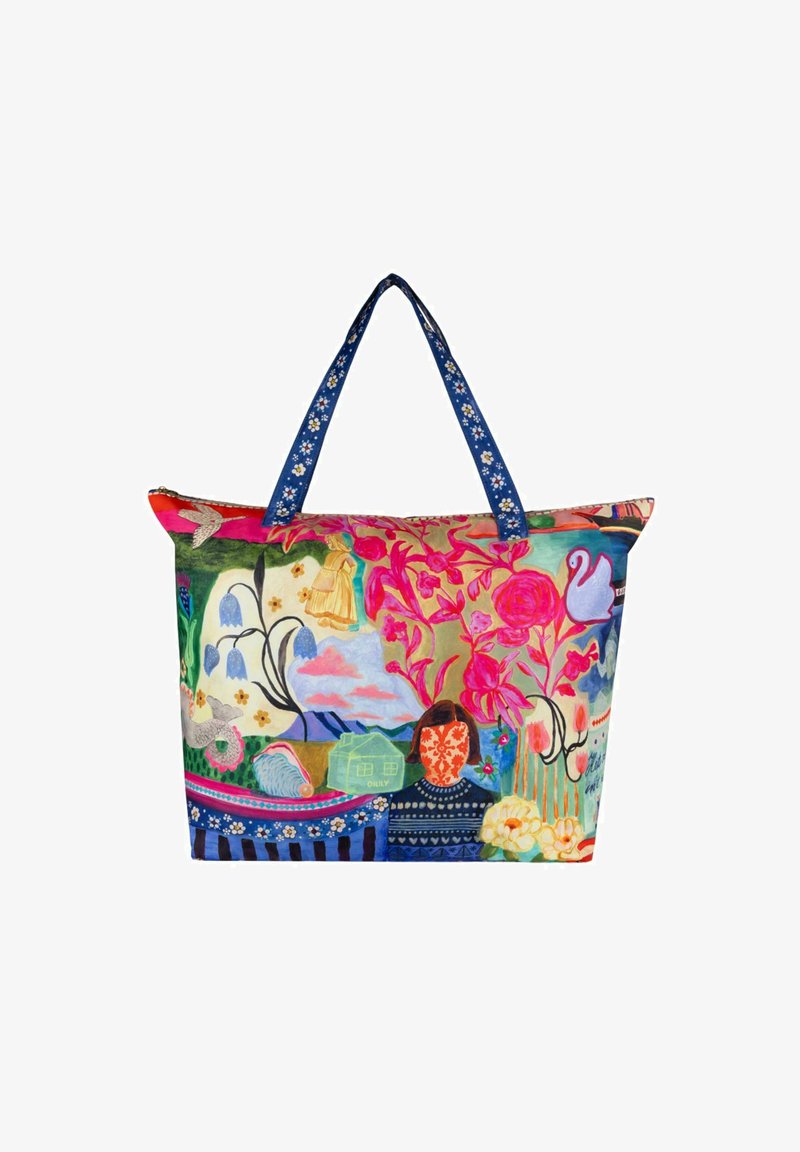 Kleurvolle stoffen totebag met bloem- en fantasiepatronen, ritsluiting, blauwe handvatten met witte bloemaccenten en een ruime indeling.