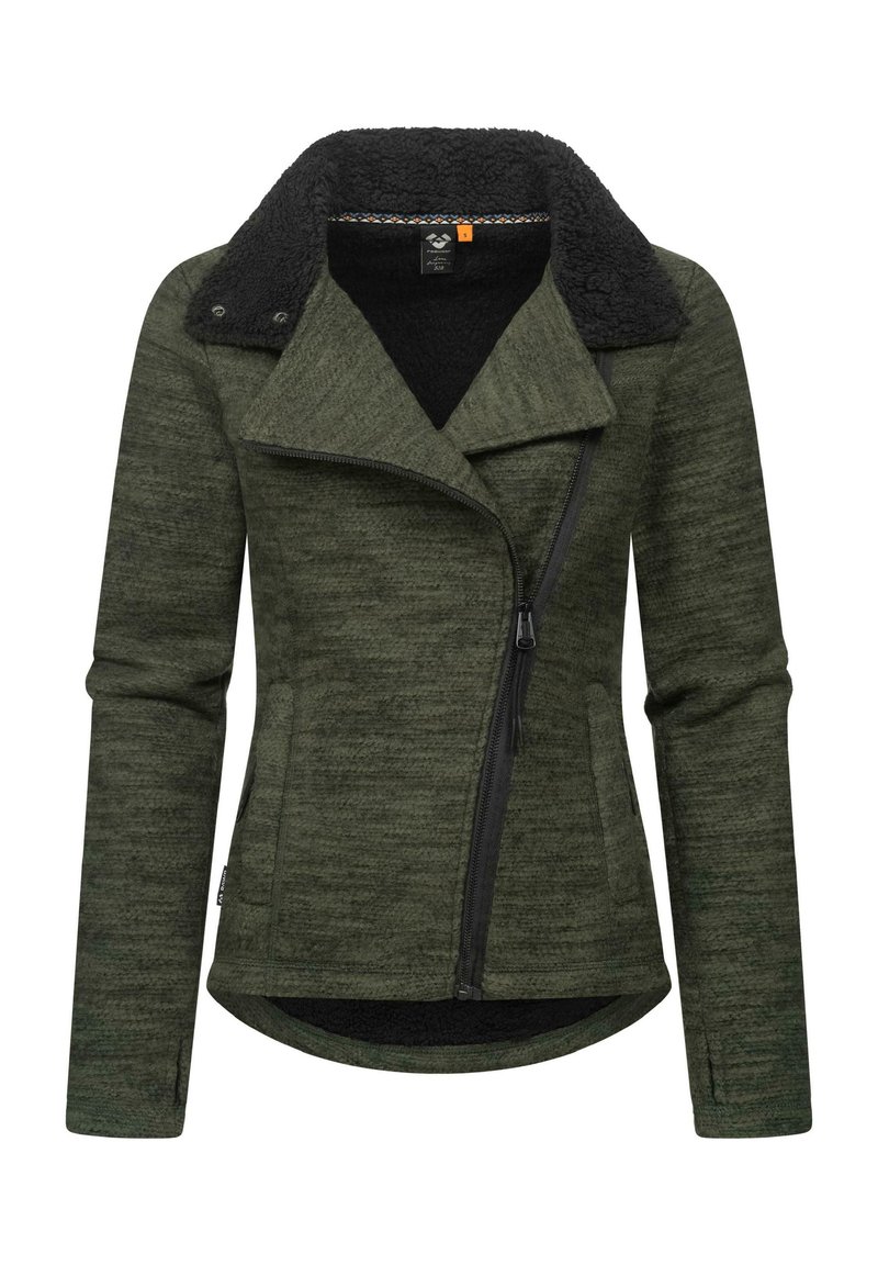 Veste vert olive avec un col texturé noir contrastant. Présente une fermeture éclair diagonale et un design ajusté. Tissu doux avec une finition lisse.