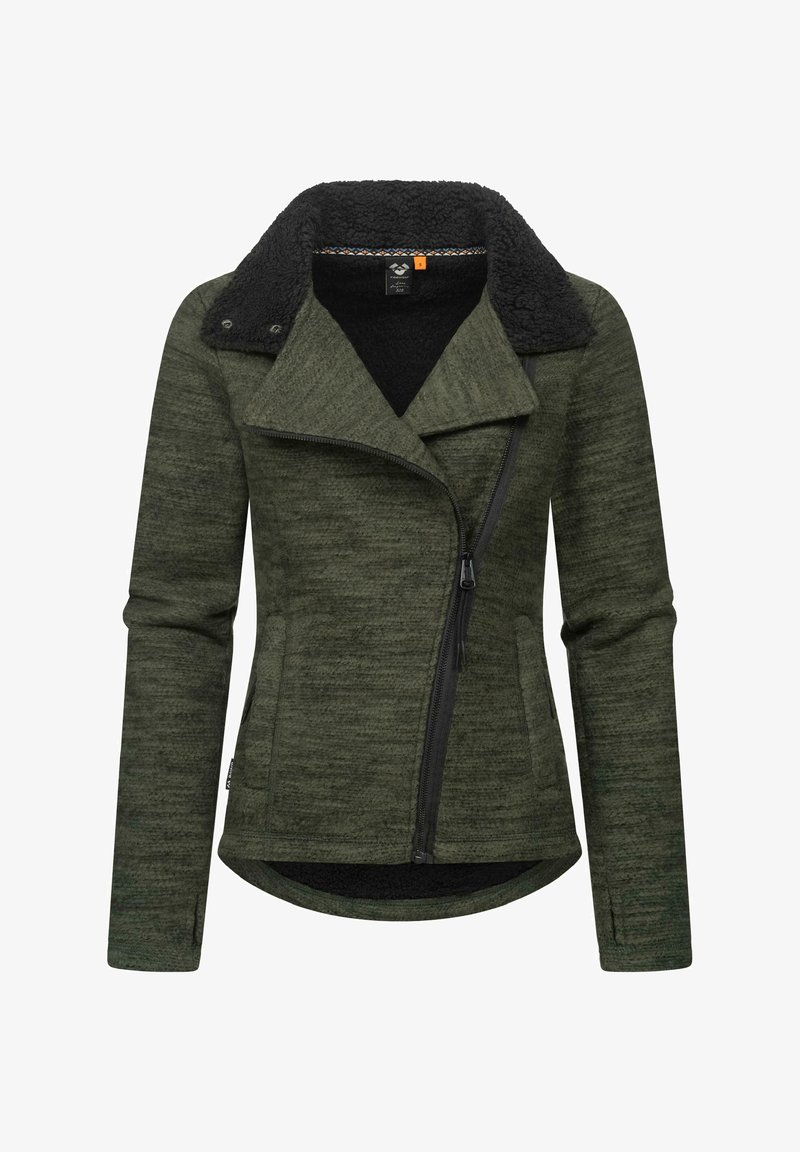 Olive roheline jakk kontrastse musta, tekstuuriga kraega. Omab diagonaalset tõmblukku ja kinnist disaini. Pehme kangas sileda viimistlusega.