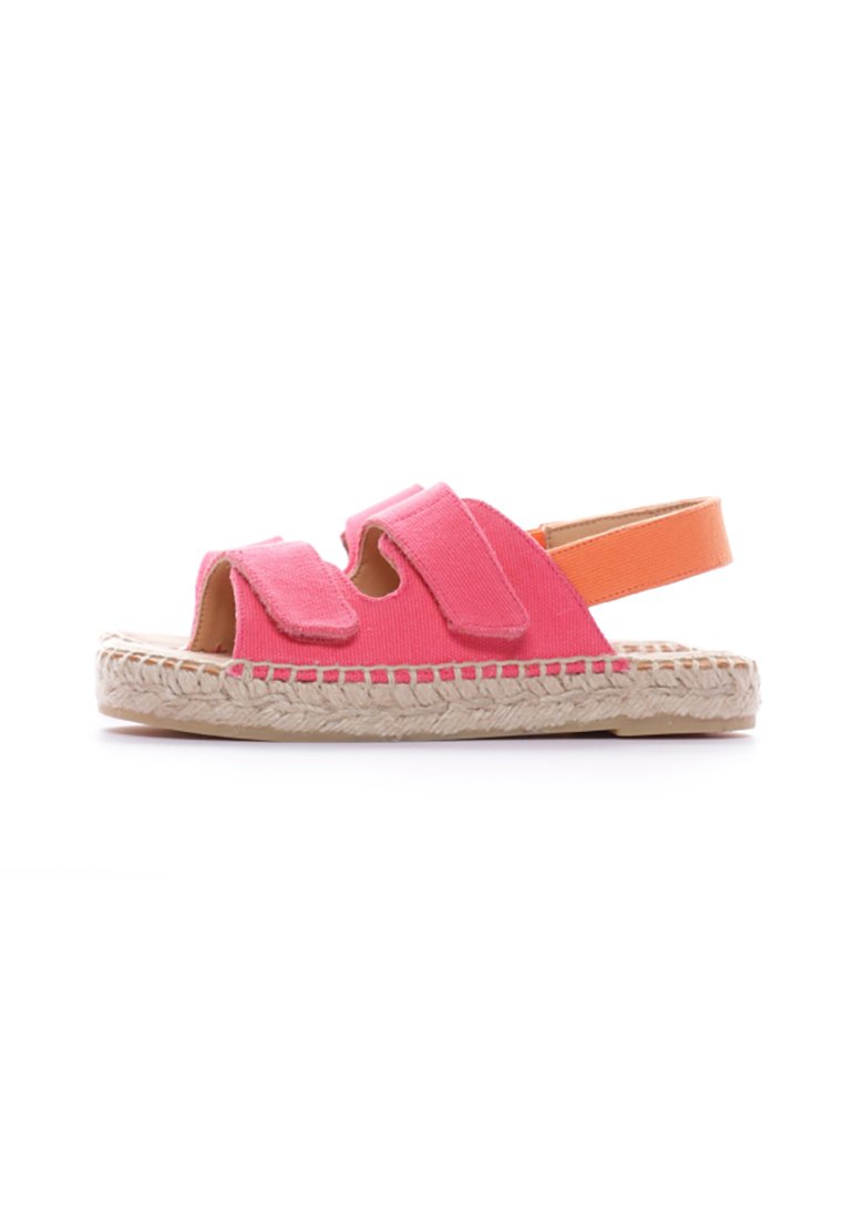 Infradito rosa in tela con due fasce regolabili in velcro, suola in juta stile espadrilles e una fascia posteriore in elastico arancio.